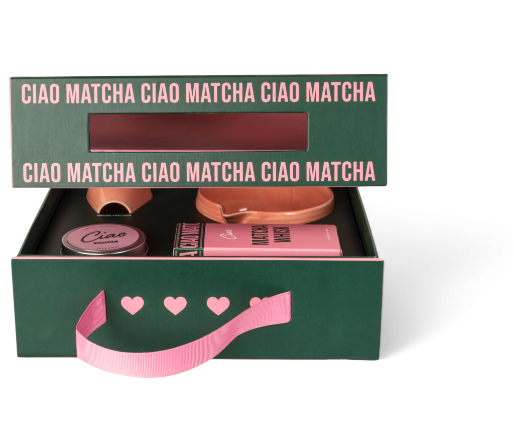 Ciao Matcha Matcha Kit custom box, open view with products